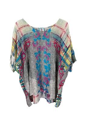 Johnny Was Lagenlook Patchwork Floral Flowy Short Sleeve Wide Neck Boho Top M